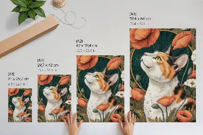 Wandposter Katze zwischen Mohnblumen im Illustrationsstil