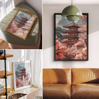 Kunstdruck leinwand Kirschbaum, Pagode, Berge, romantische Atmosphäre