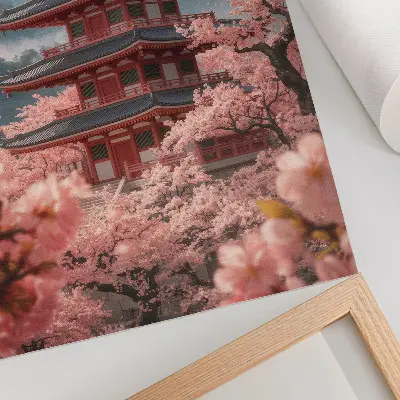 Kunstdruck auf Leinwand mit Kirschbaum, Pagode und Bergmotiv in romantischer Atmosphäre