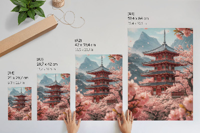 Kunstdruck leinwand Kirschbaum, Pagode, Berge, romantische Atmosphäre