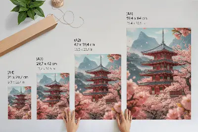 Kunstdruck auf Leinwand mit Kirschbaum, Pagode und Bergmotiv in romantischer Atmosphäre
