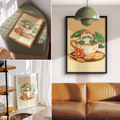 Poster Frosch in einer Tasse aus Blumen, Orangen und Blättern