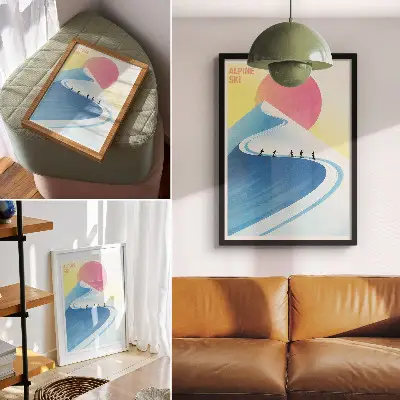 Leinwand-Kunstdruck minimalistische Szene mit Skifahrern und Himmel