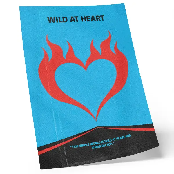 Wandposter mit roten Flammen und einem Herz auf blauem Hintergrund im modernen Design