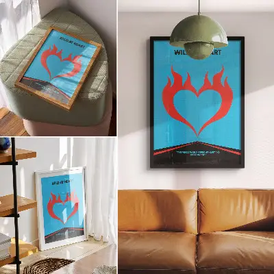 Wandposter mit roten Flammen und einem Herz auf blauem Hintergrund im modernen Design