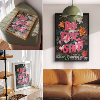 Poster Rosa Schriftzug auf einem Hintergrund aus bunten Blumen