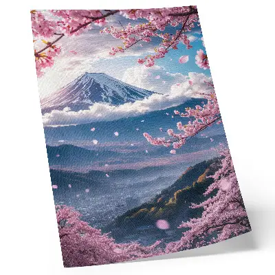 Poster mit Bergen und blühenden Kirschbäumen vor einem rosa Himmel