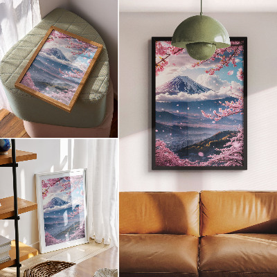 Poster Berge und blühende Kirschbäume vor einem rosa Himmel