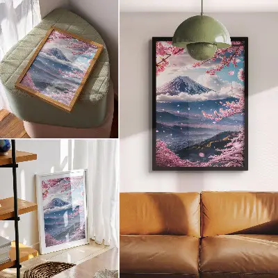 Poster mit Bergen und blühenden Kirschbäumen vor einem rosa Himmel