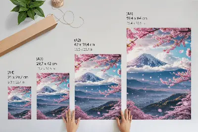 Poster mit Bergen und blühenden Kirschbäumen vor einem rosa Himmel
