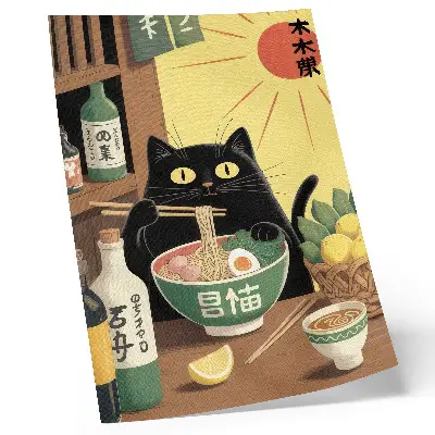 Poster mit Katze und Ramen sowie Zitronen im japanischen Stil mit zeitloser Atmosphäre