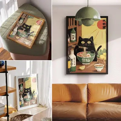 Poster mit Katze und Ramen sowie Zitronen im japanischen Stil mit zeitloser Atmosphäre