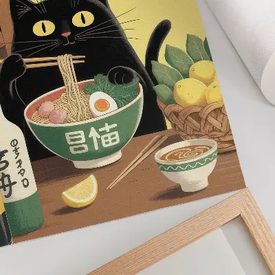 Poster mit Katze und Ramen sowie Zitronen im japanischen Stil mit zeitloser Atmosphäre