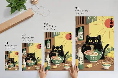 Poster mit Katze und Ramen sowie Zitronen im japanischen Stil mit zeitloser Atmosphäre