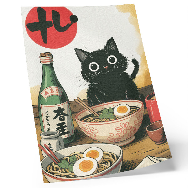 Kunstdruck leinwand Schwarze Katze, Ramen-Sake-Flasche, japanisches Motiv