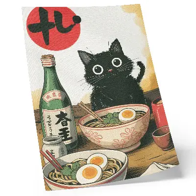 Kunstdruck auf Leinwand mit japanischem Motiv von einer schwarzen Katze mit Ramen und Sake-Flasche