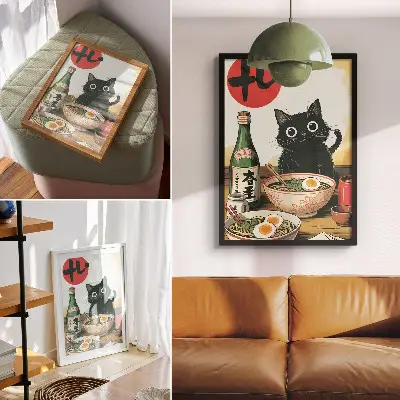 Kunstdruck auf Leinwand mit japanischem Motiv von einer schwarzen Katze mit Ramen und Sake-Flasche