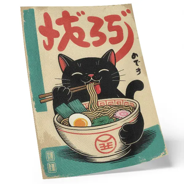 Wandposter mit schwarzem Katzen und Ramen Schüssel Motiv im japanischen Retro Stil