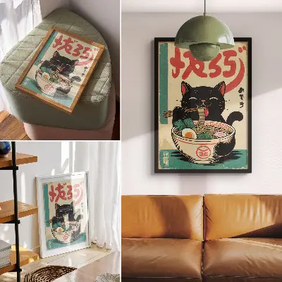 Wandposter mit schwarzem Katzen und Ramen Schüssel Motiv im japanischen Retro Stil