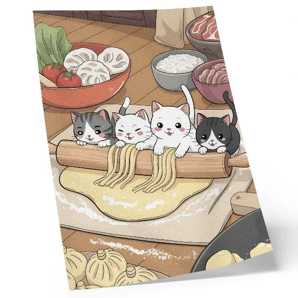 Poster Kätzchen in der Küche als Illustration in warmen Farbtönen