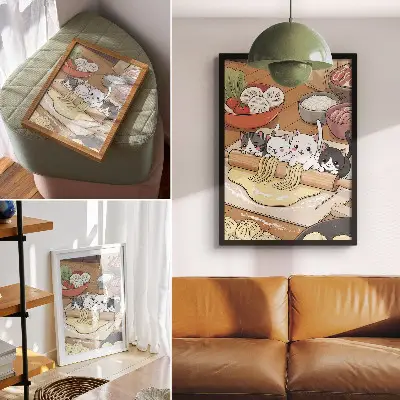 Poster Kätzchen in der Küche als Illustration in warmen Farbtönen