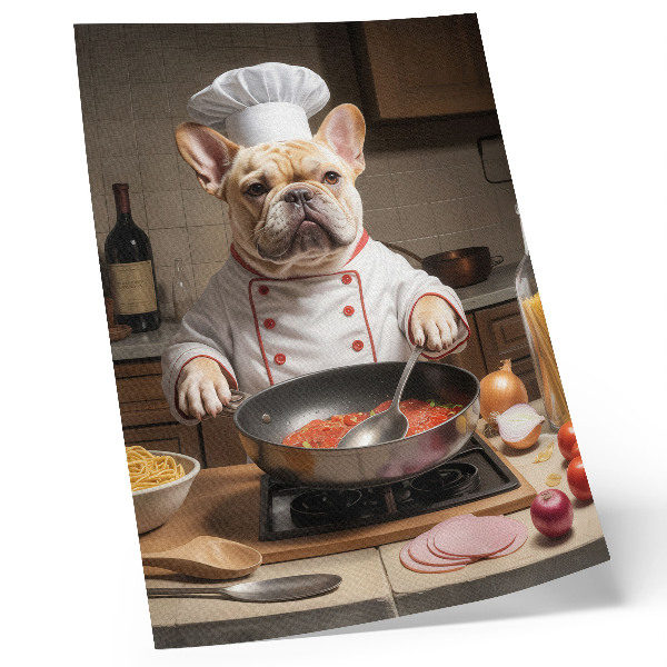 Kunstdruck leinwand Bulldogge in der Küche – lustiger, surrealer Stil