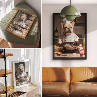 Kunstdruck auf Leinwand Bulldogge in der Küche im lustigen surrealen Stil