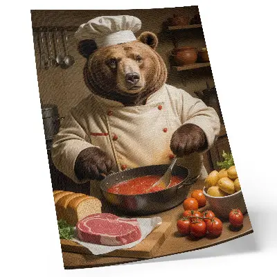 Wandposter Bär beim Kochen in einer surrealen Szene mit warmer Atmosphäre