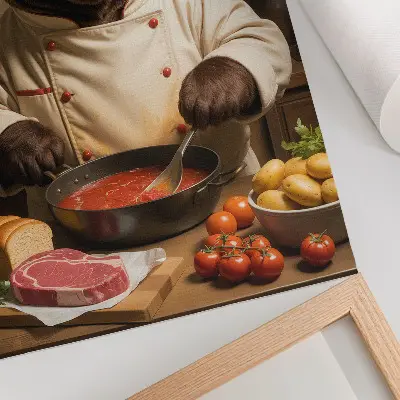 Wandposter Bär beim Kochen in einer surrealen Szene mit warmer Atmosphäre