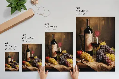 Poster mit Flasche Wein, Trauben, Apfel und Rose
