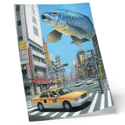 Wandposter urbaner Surrealismus mit Fischen auf einer modernen Straße