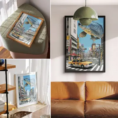 Wandposter urbaner Surrealismus mit Fischen auf einer modernen Straße