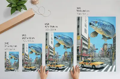 Wandposter urbaner Surrealismus mit Fischen auf einer modernen Straße