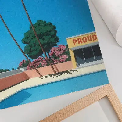 Poster mit Motiv von blauem Himmel, Palmen und modernem Swimmingpool