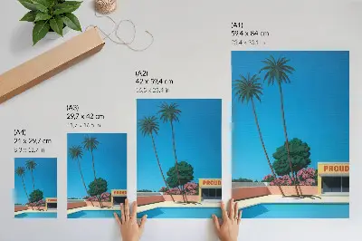 Poster mit Motiv von blauem Himmel, Palmen und modernem Swimmingpool