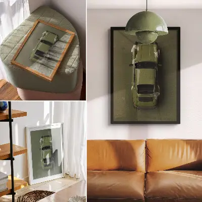 Kunstdruck auf Leinwand elegantes minimalistisches Motiv eines grünen Autos