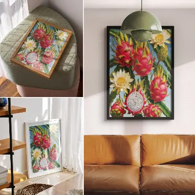 Wandposter mit exotischen Früchten, Kakteen und leuchtenden Himmelsfarben