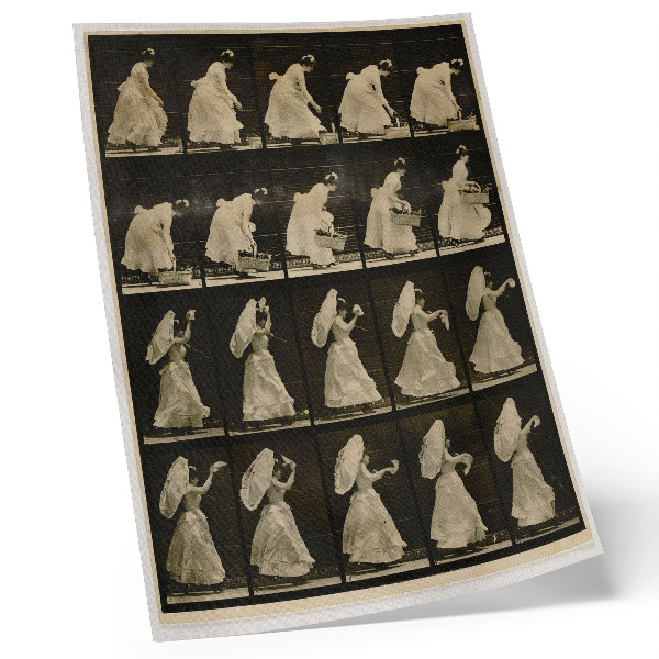 Poster Frau, die einen Korb hebt und mit einem Taschentuch winkt (um 1887), von Eadweard Muybridge