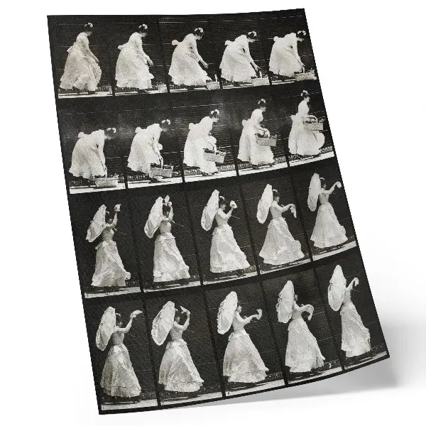 Kunstdruck auf Leinwand Frau hebt einen Korb und winkt mit einem Taschentuch von Eadweard Muybridge aus dem Jahr 1887