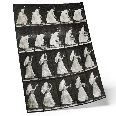 Kunstdruck auf Leinwand Frau hebt einen Korb und winkt mit einem Taschentuch von Eadweard Muybridge aus dem Jahr 1887