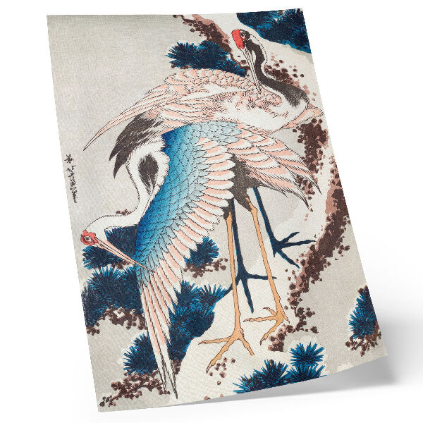 Kunstdruck leinwand Kraniche in einem schneebedeckten Baum von Katsushiki Hokusai (1834), historischer Holzschnitt