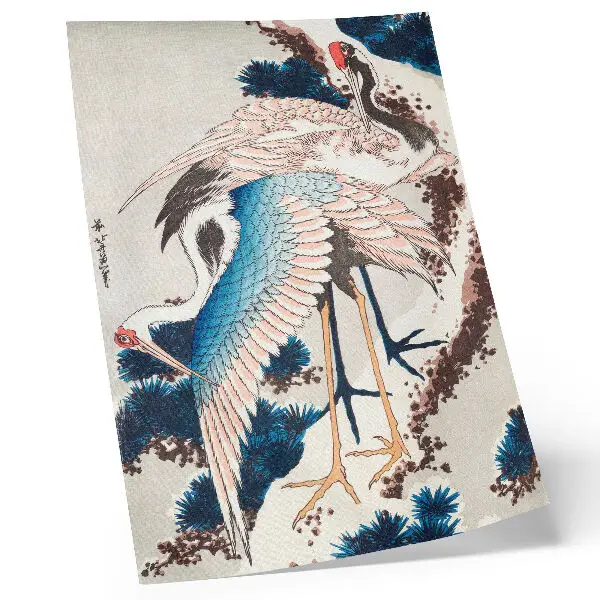 Kunstdruck auf Leinwand Kraniche in einem schneebedeckten Baum von Katsushiki Hokusai aus dem Jahr 1834 als historischer Holzschnitt