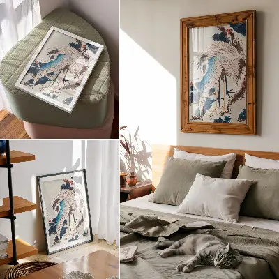 Kunstdruck auf Leinwand Kraniche in einem schneebedeckten Baum von Katsushiki Hokusai aus dem Jahr 1834 als historischer Holzschnitt