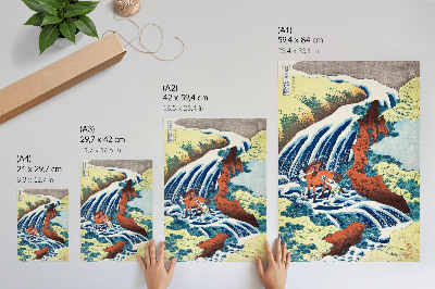 Poster Historischer japanischer Holzschnitt von Hokusai, der die Yoshitsune-Wasserfälle in Yoshino, Provinz Izumi, zeigt (1833–1834).