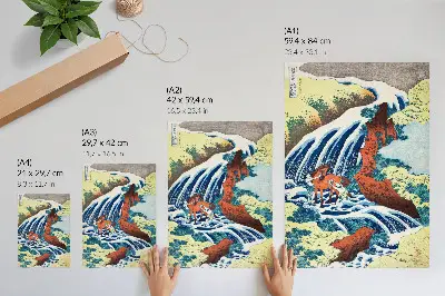 Poster historischer japanischer Holzschnitt von Hokusai mit den Yoshitsune-Wasserfällen in der Provinz Izumi, 1833–1834