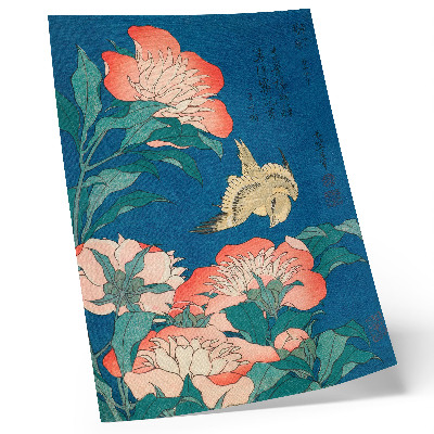 Poster Pfingstrosen und ein Kanarienvogel von Katsushiki Hokusai (1834) – historischer Holzschnitt