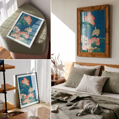 Poster Pfingstrosen und ein Kanarienvogel von Katsushiki Hokusai historischer Holzschnitt aus dem Jahr 1834