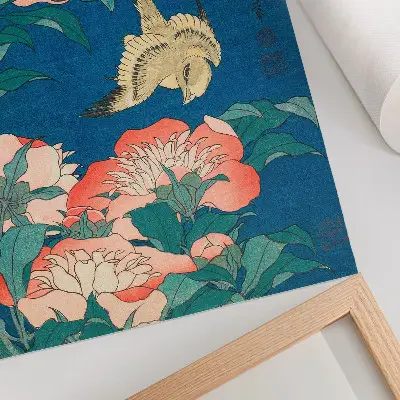 Poster Pfingstrosen und ein Kanarienvogel von Katsushiki Hokusai historischer Holzschnitt aus dem Jahr 1834