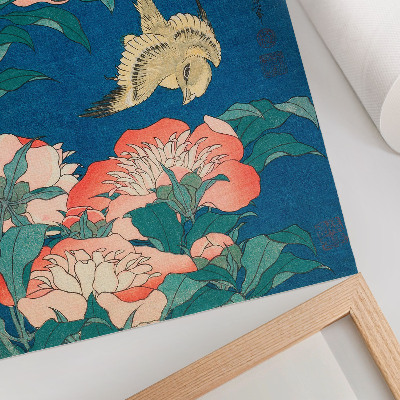 Poster Pfingstrosen und ein Kanarienvogel von Katsushiki Hokusai (1834) – historischer Holzschnitt