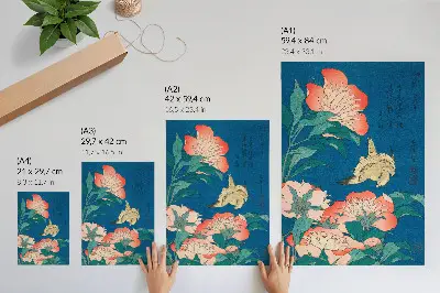 Poster Pfingstrosen und ein Kanarienvogel von Katsushiki Hokusai historischer Holzschnitt aus dem Jahr 1834